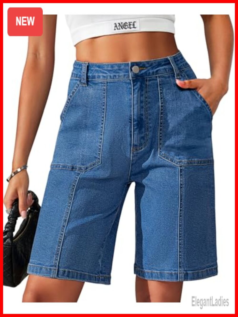 Bermuda Shorts Women Knee Length Jean Shorts Stretchy Cotton Jorts Pockets